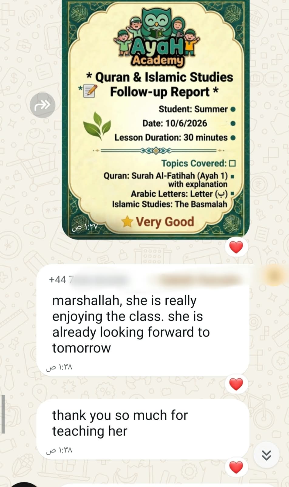 A real thank-you message from a parent to Ayah Academy